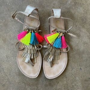 Lilly Pulitzer Zoe Pink and Yellow Bohemian Sandals Tassel Fringe Beachy